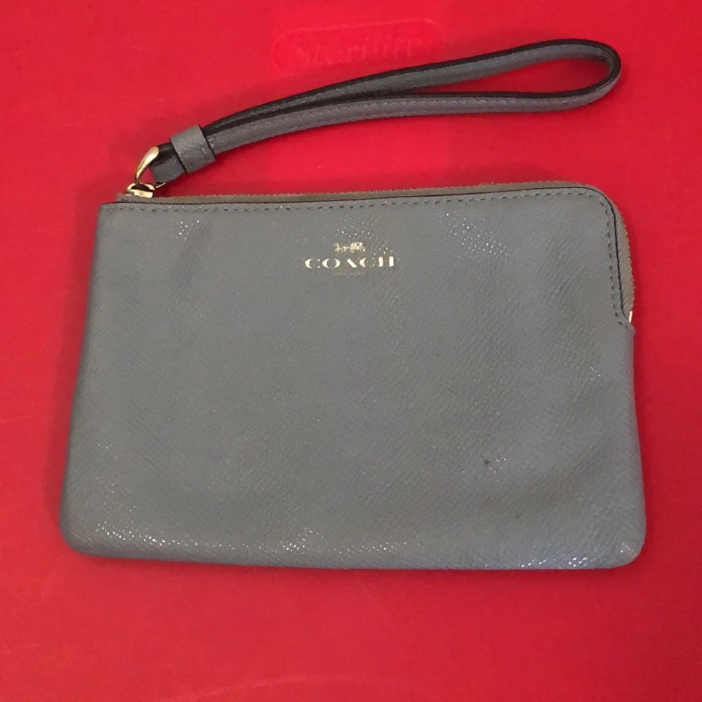 Coach Gray Blue Leather Wristlet with Silver Logo F58032